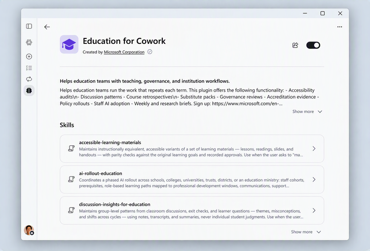 Copilot アプリの Education for Cowork 説明ページ
