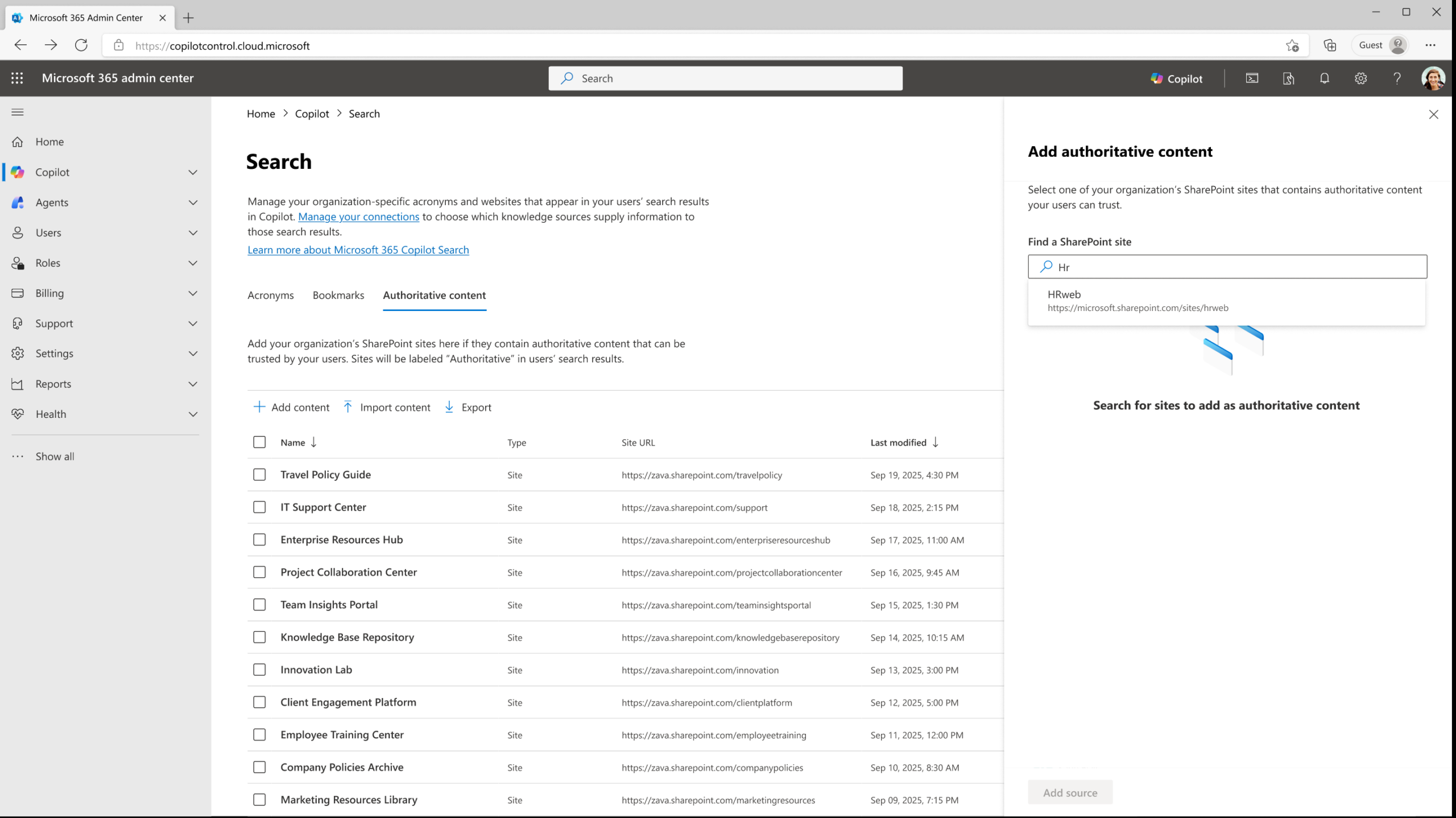 Microsoft 365 admin center における信頼できるソース