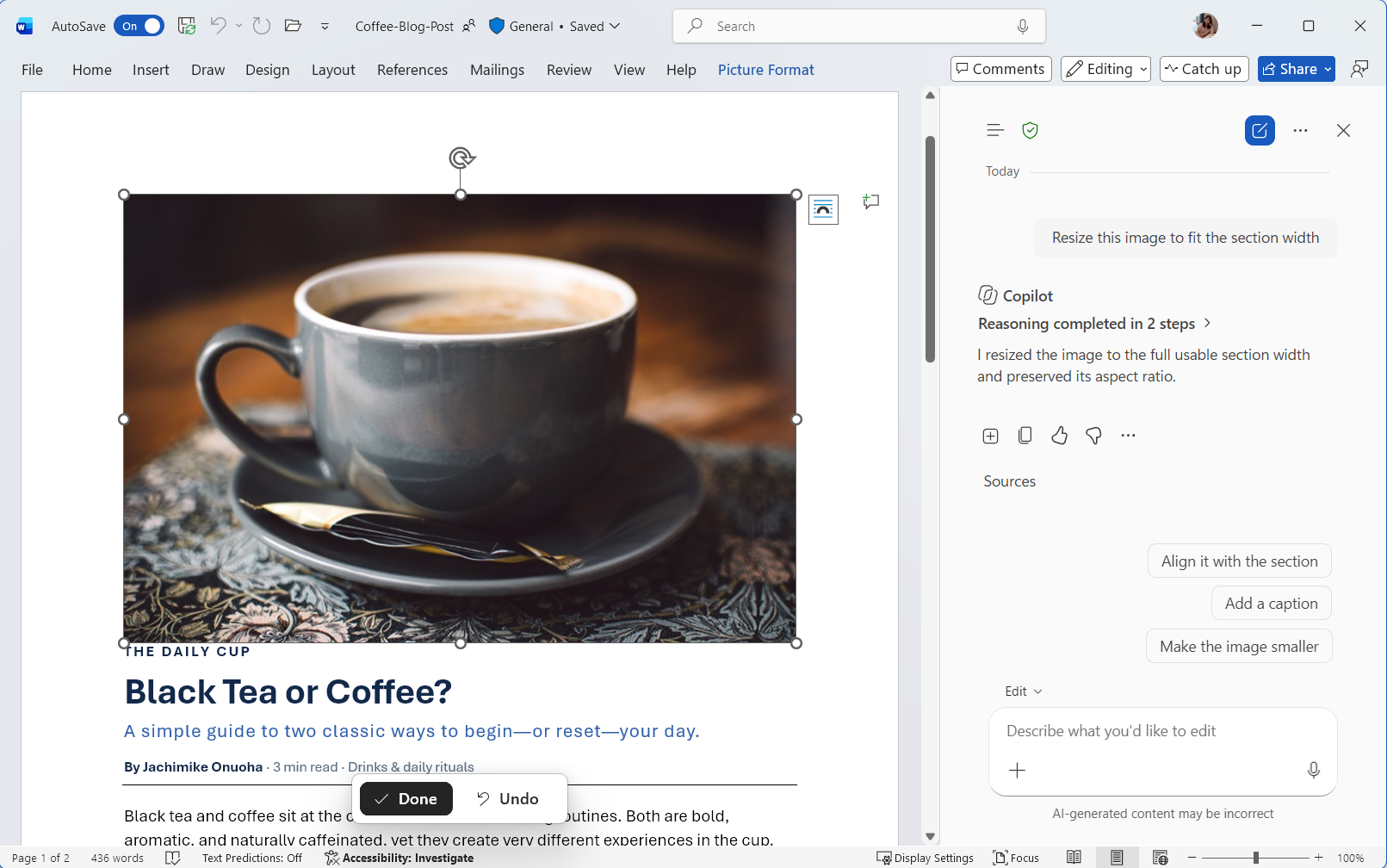 ユーザーは、Word 文書内で画像や図形を直接配置・変更できるようになりました。