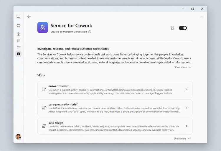 Copilot アプリの Service for Cowork 説明ページ