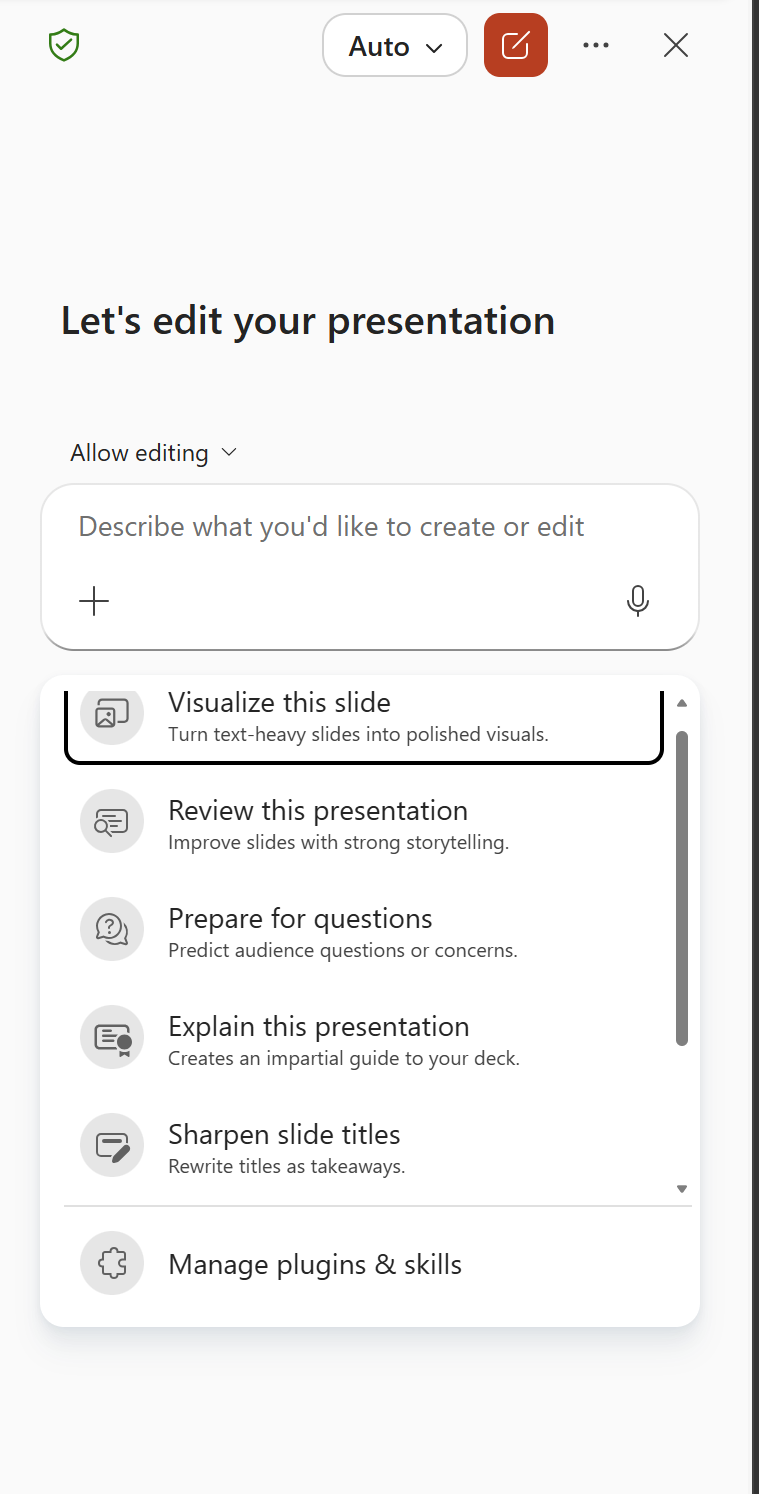 Copilot for PowerPoint の事前構築済み Skills は、一般的なタスク向けに用意された機能を使用して、ユーザーがプレゼンテーションを改善できるよう支援します。