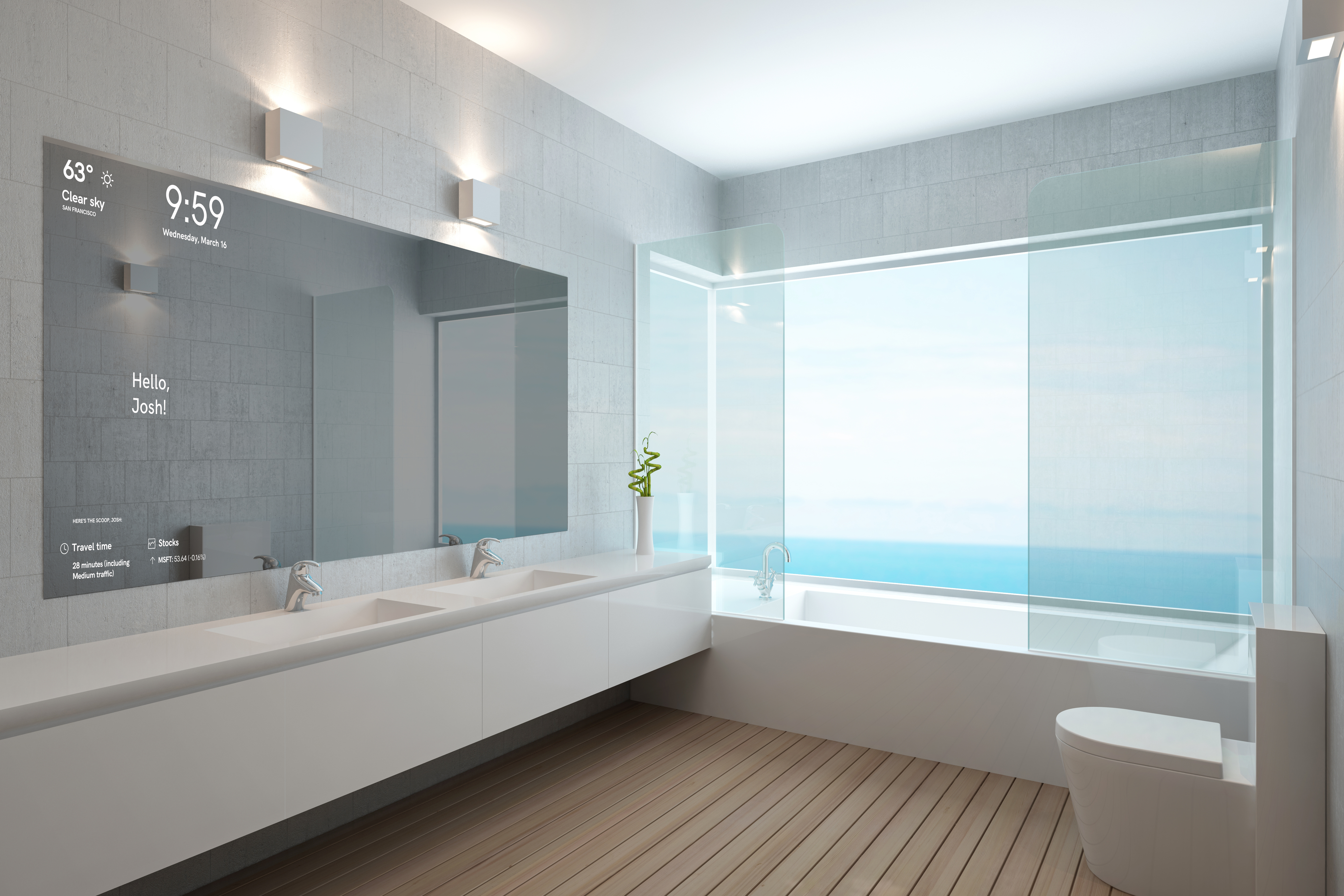 Mockup showing the Magic Mirror installed in a bathroom.