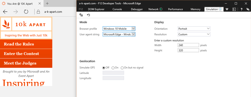 Screen capture showing the 10k Apart site rendered at 240px wide using Edge's F12 Developer Tools.