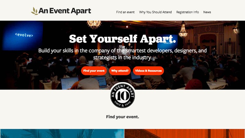 Screen capture showing the An Event Apart page with vivid orange call-to-action buttons.