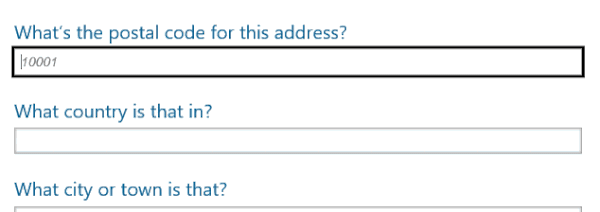 Animation showing Microsoft Edge auto-completing the postal code and country fields.