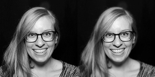 The same photo of Lara Hogan with two different treatments. On the left is the original. On the right, a subtle blur has been applied to everything but Lara’s face.
