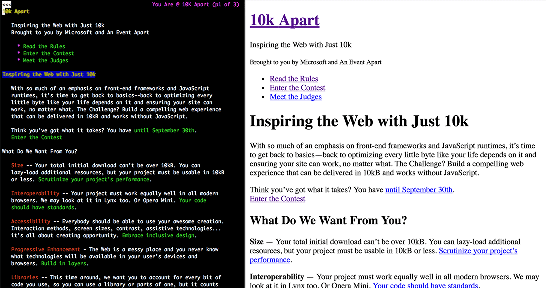 Screenshots from Lynx and Chrome that demonstrate how things look in “no style” and “default style” scenarios, respectively.