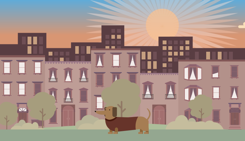 Illustration of a dog wearing a sweater in an urban park