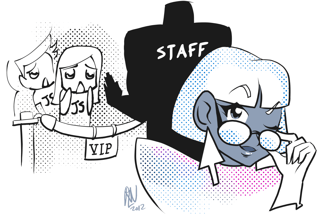 Illustration of a character dressed as User Input, with mouse pointers for earrings, skipping the UI Thread line in a separate 