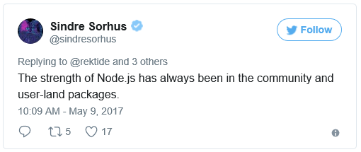Screen capture of tweet from @sindresorhus: "The strength of Node.js has always been in the community and user-land packages."
