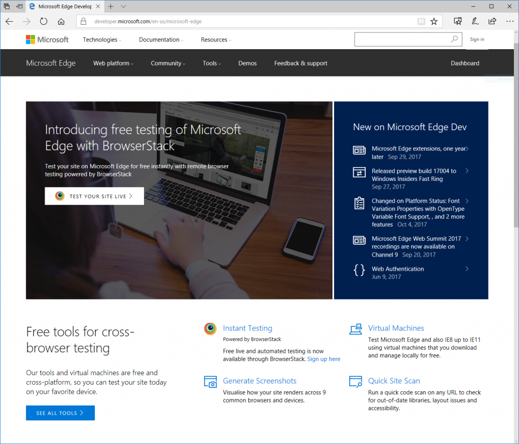 Screen capture of dev.microsoftedge.com running in Microsoft Edge