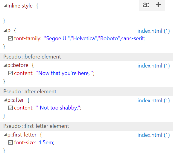 Screen capture of the Styles pane with styles grouped by pseudo-element