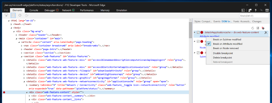 Screen capture showing the right-click options on breakpoints in the DOM Breakpoints pane.