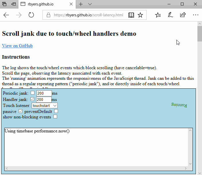Animation showing an example page scrolling smoothly touch/wheel handlers attempting to block scrolling.