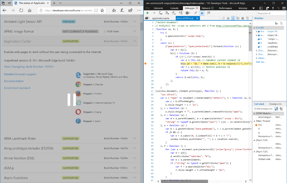 Screen capture showing a DOM breakpoint triggered on a page and the associated API call highlighted in the Debugger tool.