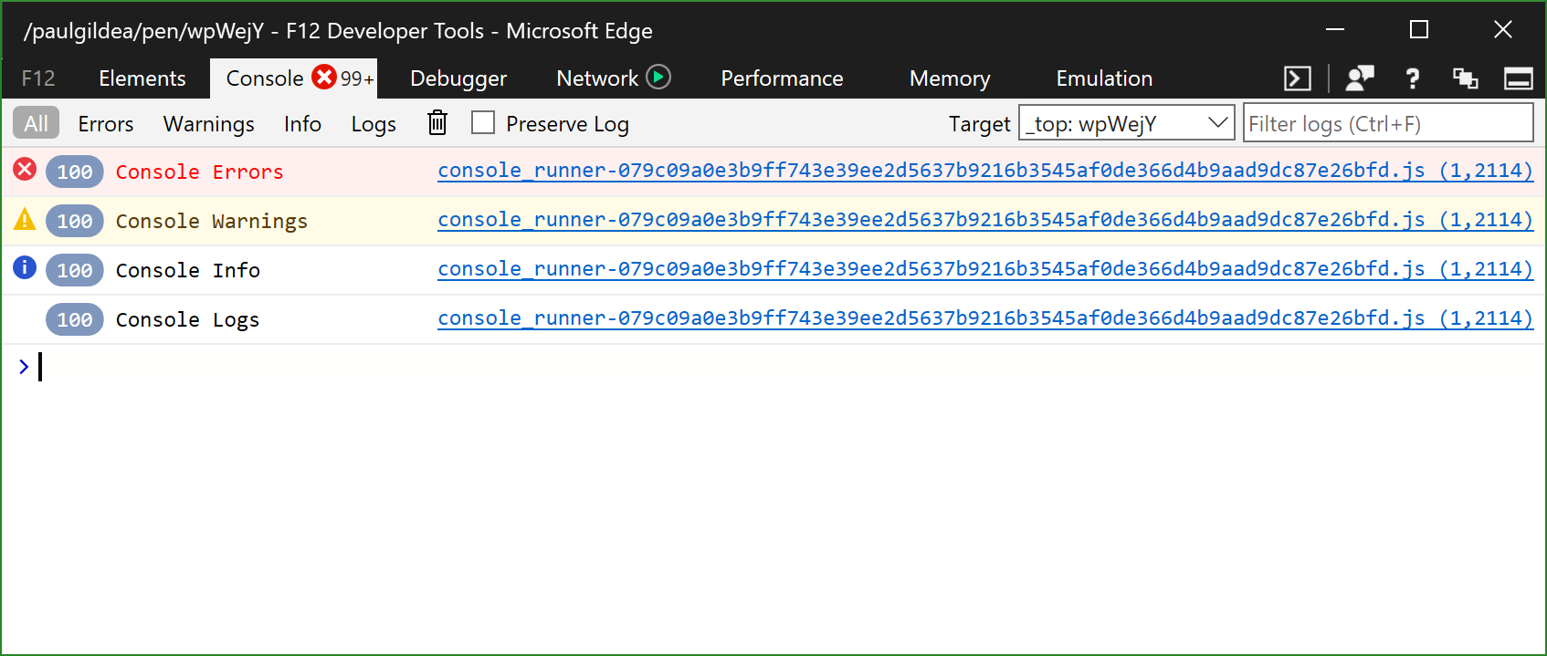 Screen capture showing consolidated Console output (coalesced into sets of 100.)