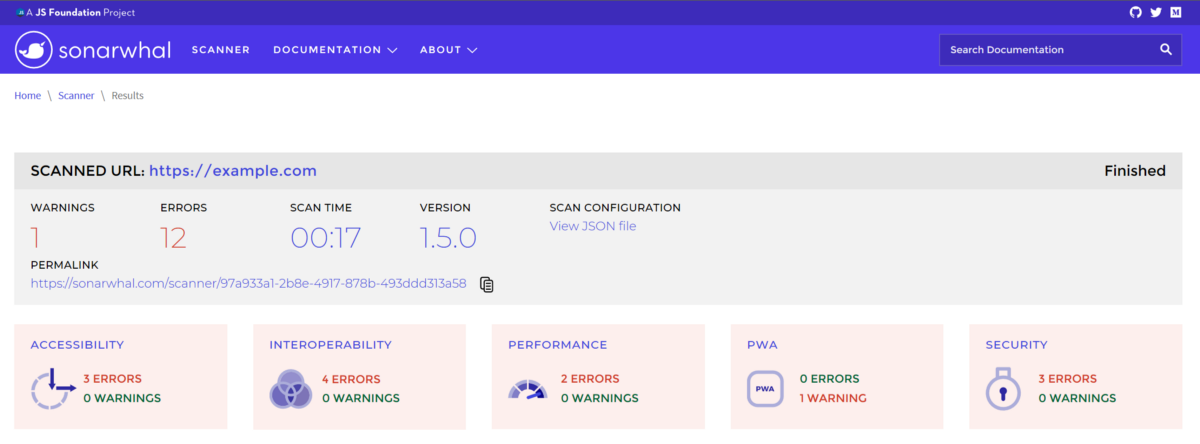 Screen capture showing the sonarwhal.com online scanner results for example.com