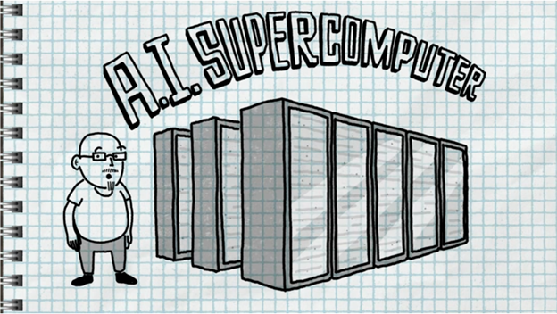 Still from a video showing an illustrated man standing in front of a row of servers, beneath the caption