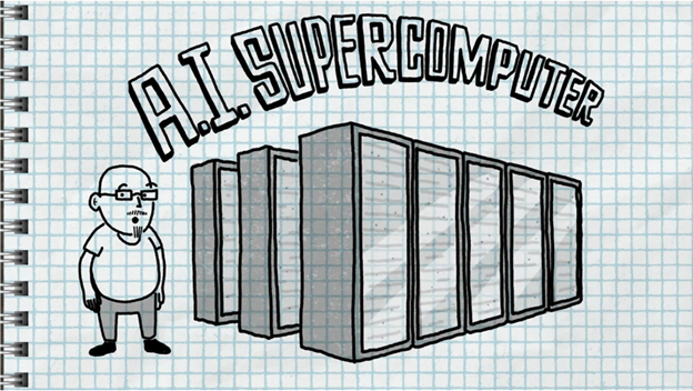 Still from a video showing an illustrated man standing in front of a row of servers, beneath the caption