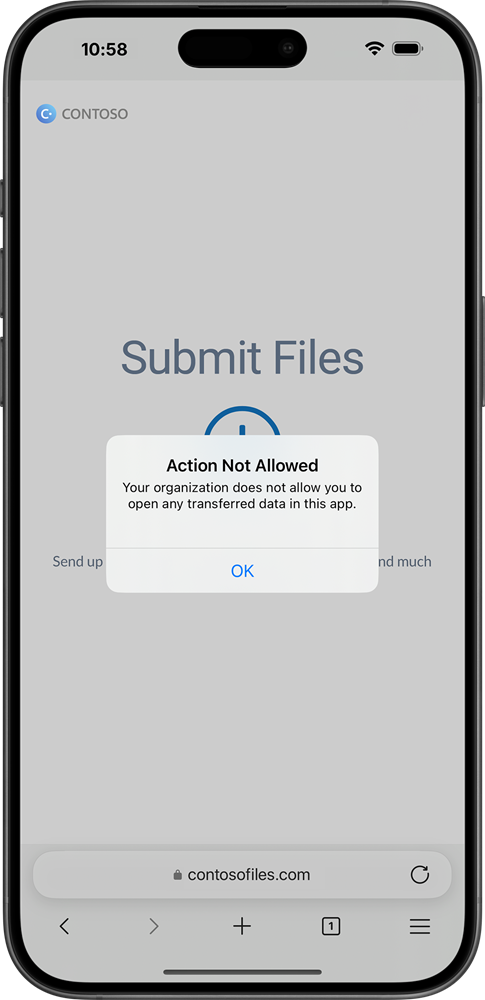 Edge for mobile showing a dialog box which says Action Not Allowed. Your organization does not allow you to open any transferred data in this app.