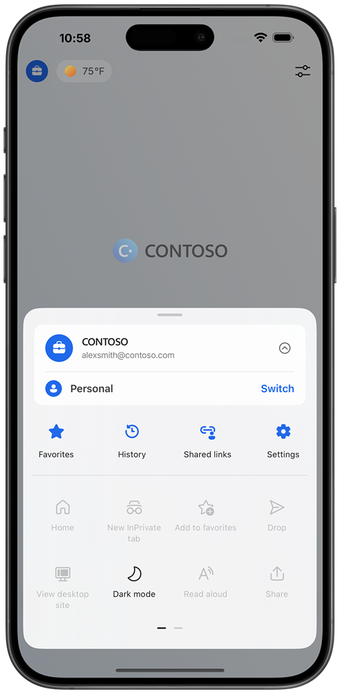 Edge for mobile, the menu overlay is opened at the bottom. Some buttons are enabled, such as Favorites and History, while others are disabled, such as Drop and Read aloud.