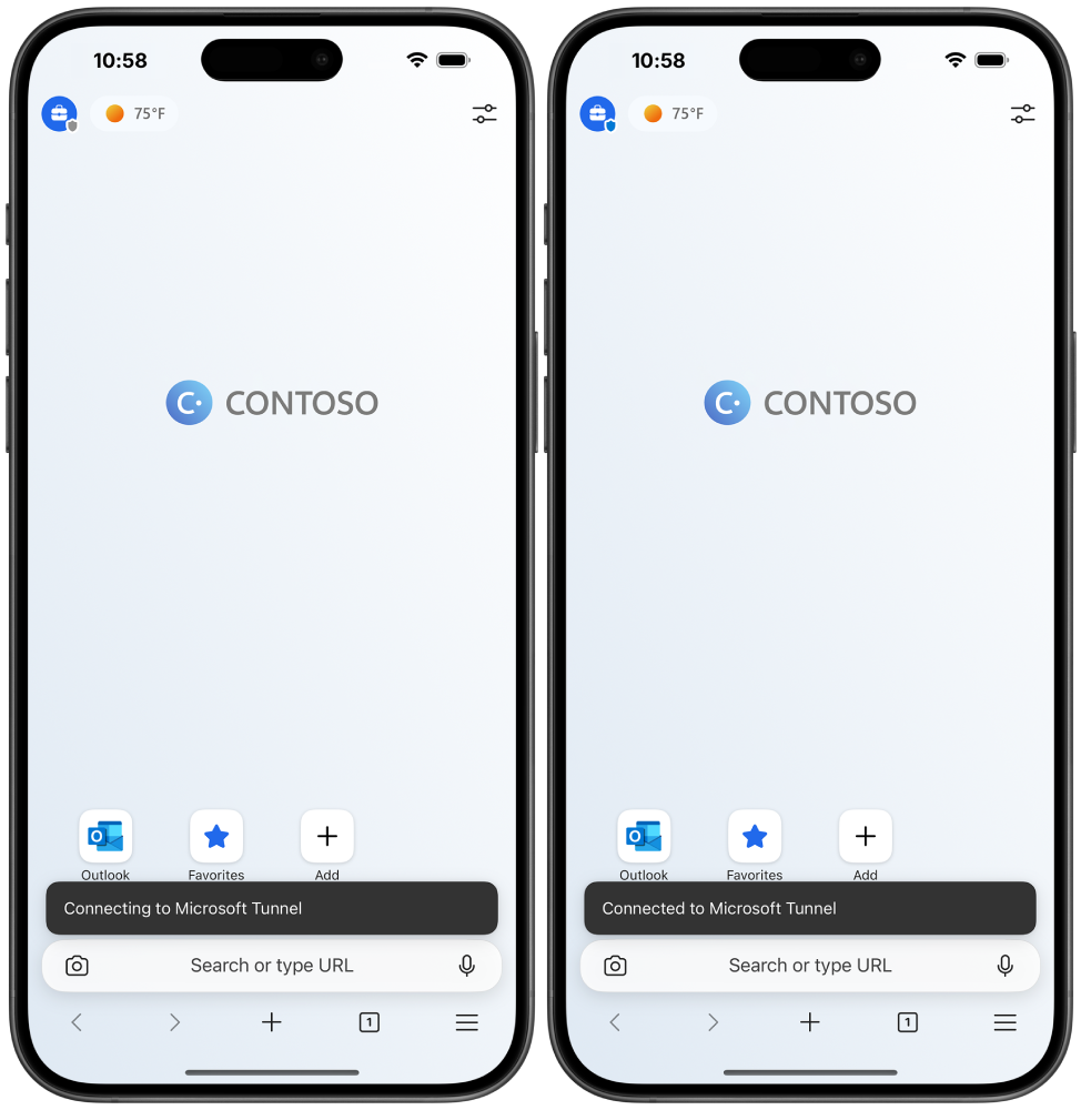 Two images of Edge for mobile. The first one shows an info banner at the bottom that says Connecting to Microsoft Tunnel. The second one has the same info banner, but it says Connected to Microsoft Tunnel.
