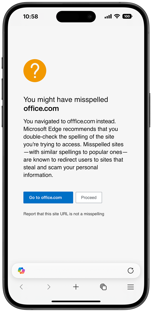 Edge for mobile showing a warning message. The user has navigated to the website offfice.com instead of office.com, and the message says You might have misspelled office.com. The user has the options to either go to the real office.com site, or proceed with caution to the offfice.co site.