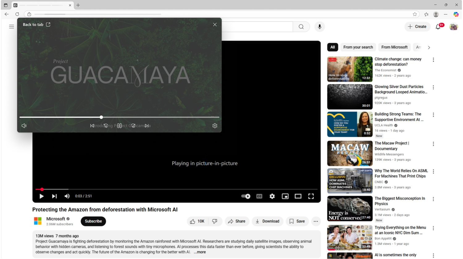 An online video playing website in Microsoft Edge. The video on the page has been moved into the picture-in-picture window which floats over the website. An online video playing website in Microsoft Edge. The video on the page has been moved into the picture-in-picture window which floats over the website.