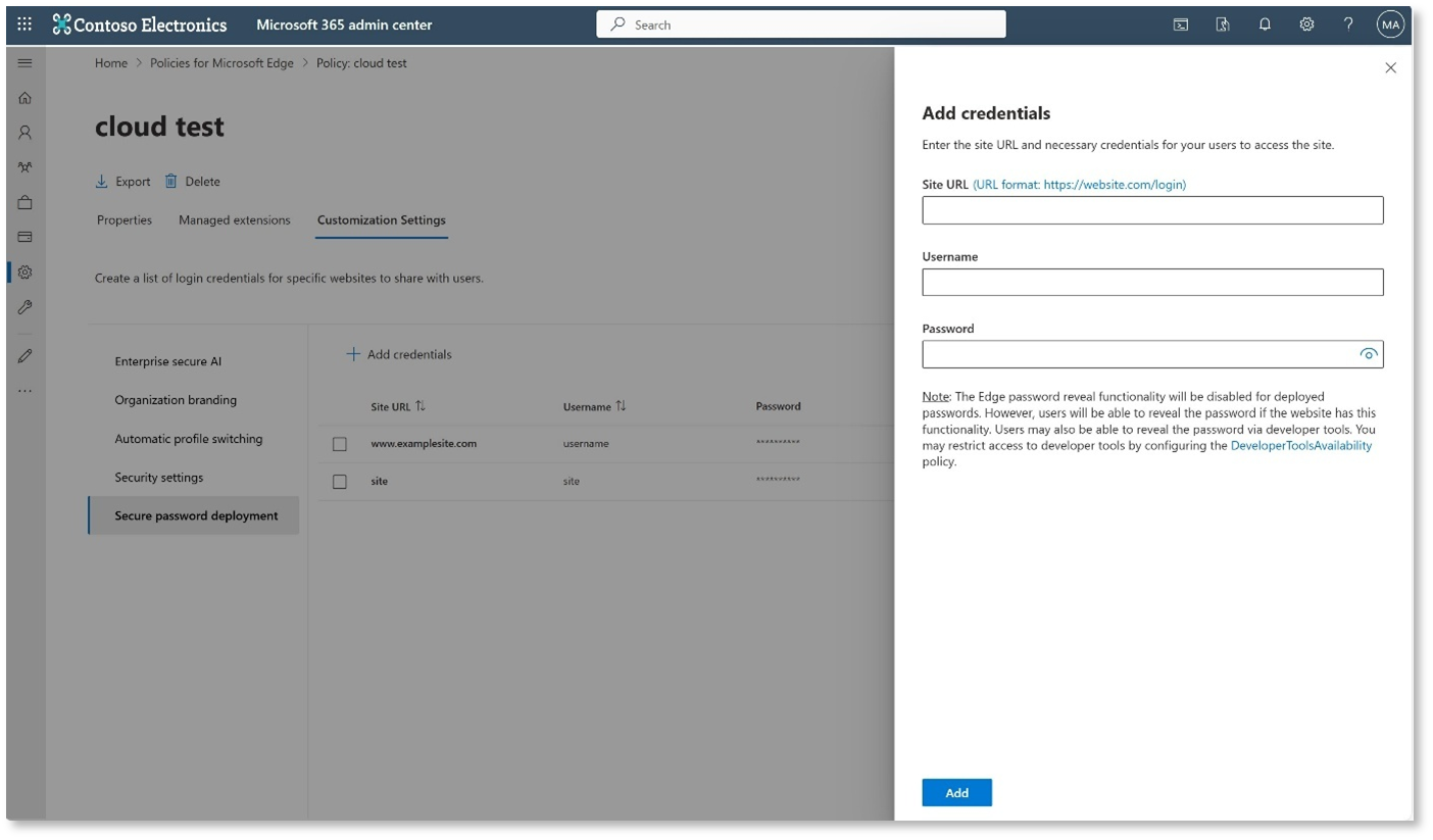 The Microsoft 365 admin center site, showing the Add credentials sidebar that's used to deploy credentials.
