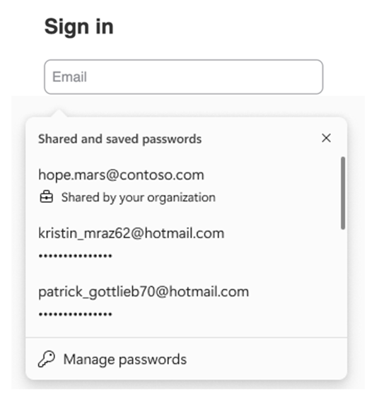 An email sign-in input on a website. The Edge password manager autofill box is displayed, showing the deployed credentials.