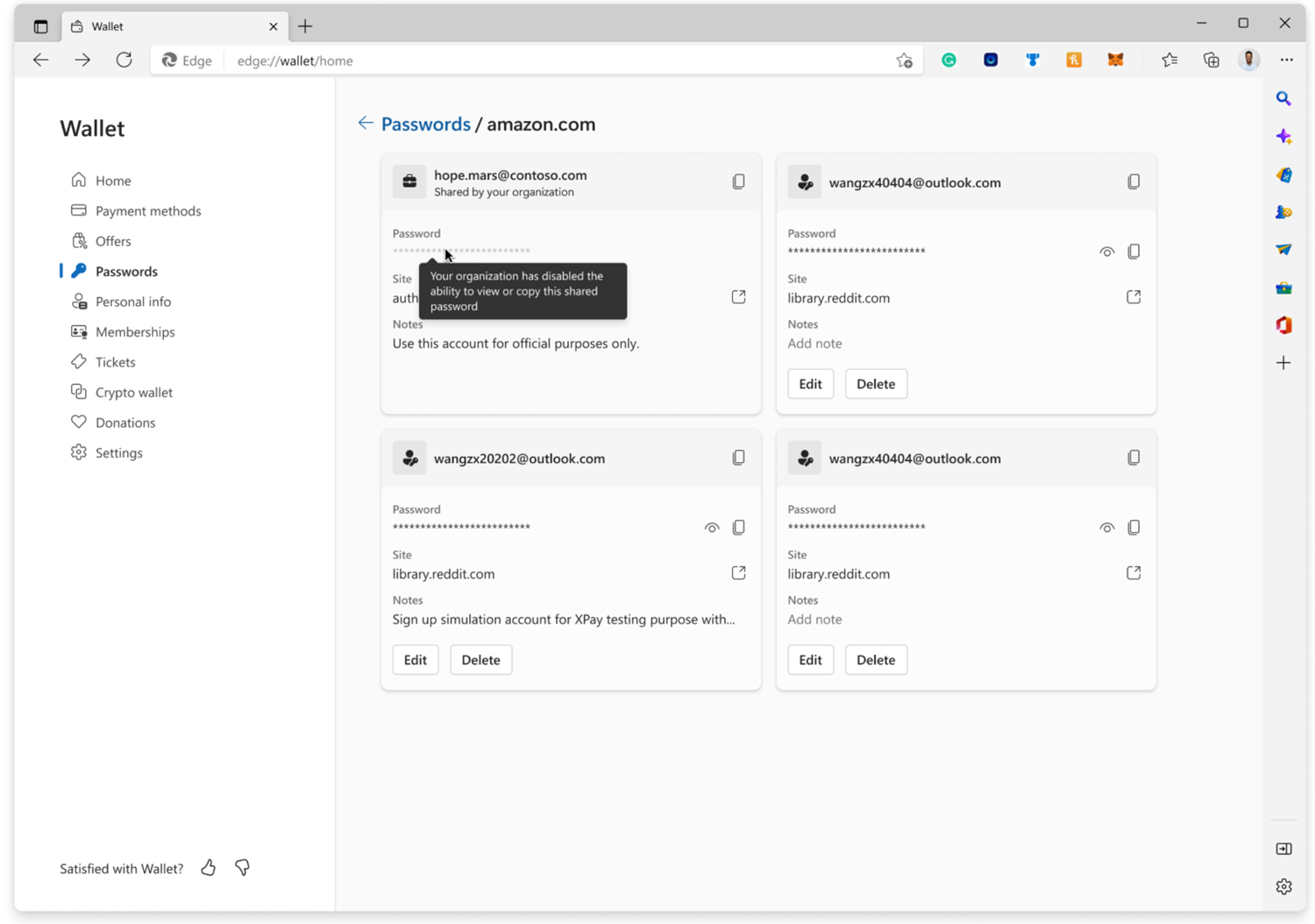 The Wallet page in Microsoft Edge, showing the Passwords section. The pointer is hovering over a stored password and a tooltip indicates: Your organization has disabled the ability to view or copy this shared password.