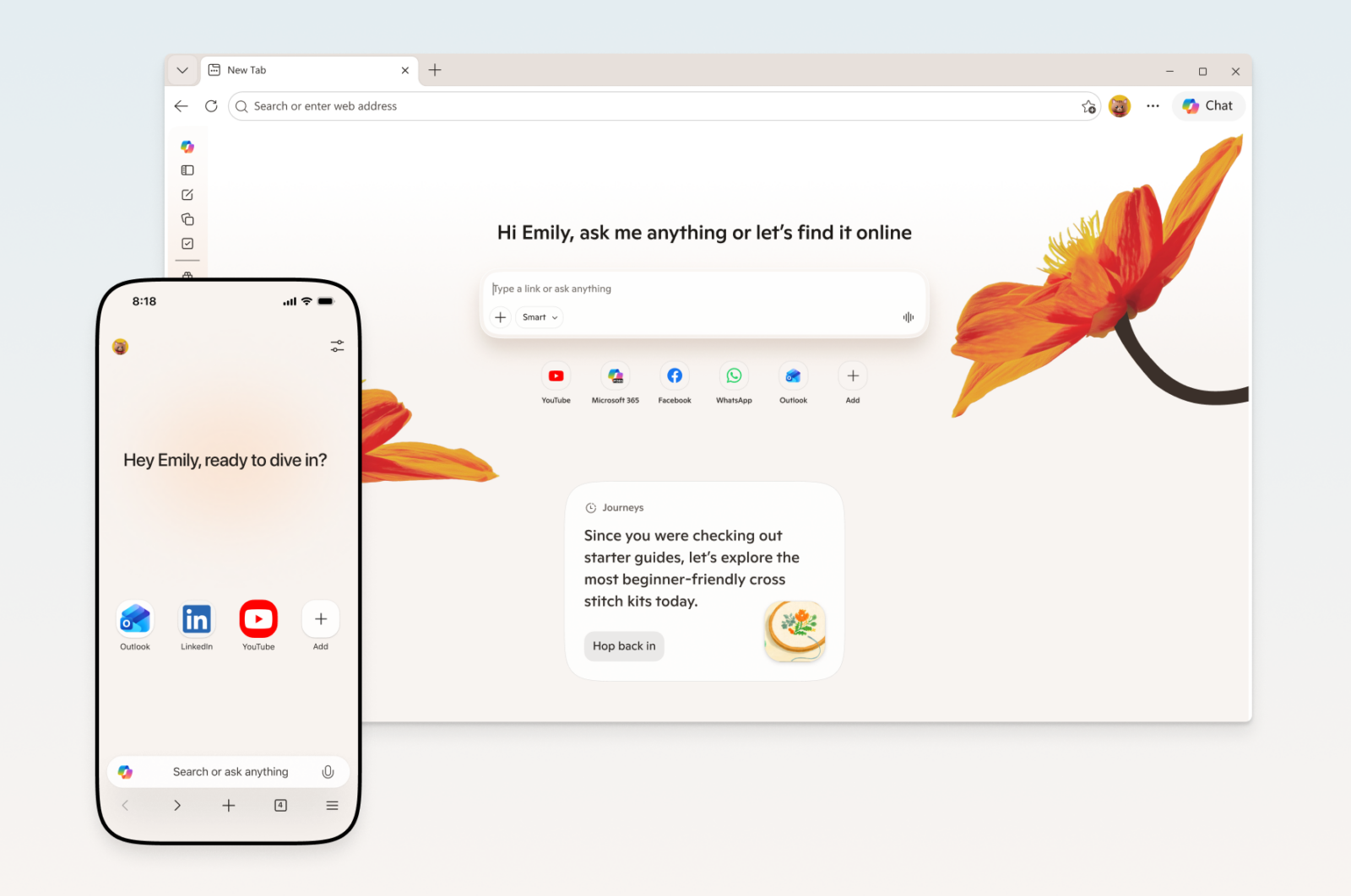 New tab page in Edge on desktop and mobile.