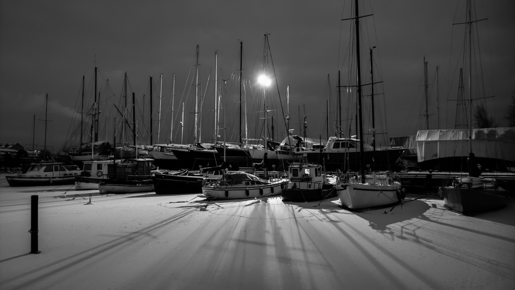 Wintry marina at night