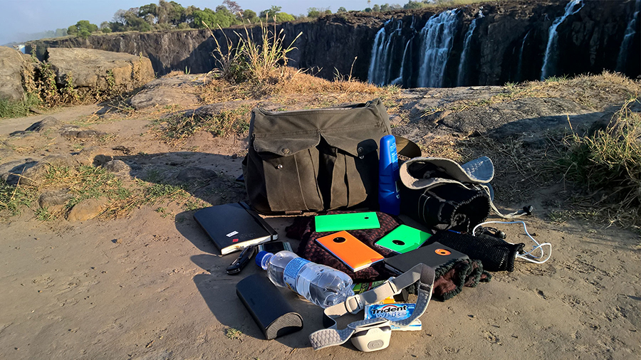 What’s in Stephen’s camera bag? Lumia smartphones, an extra battery, cleaning cloth, a notebook and a pen, model releases, a head lamp, a knife, lip palm, sunscreen, chewing gum, a hat, sunglasses, an insect repellent and a bottle of water.