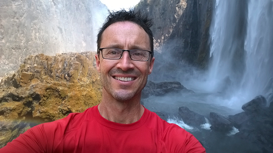 Down in the gorge below the Falls taking a selfie in a blowing mist.
