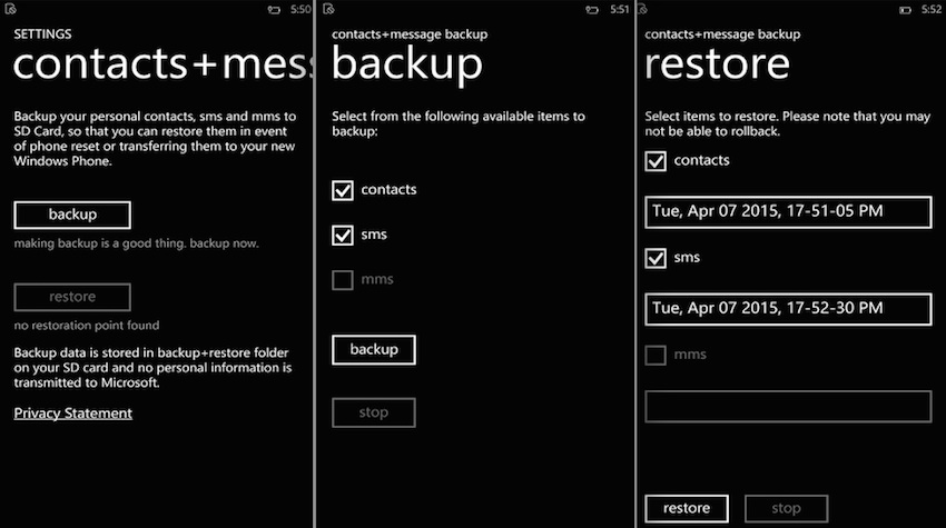 contacts + messaging backup