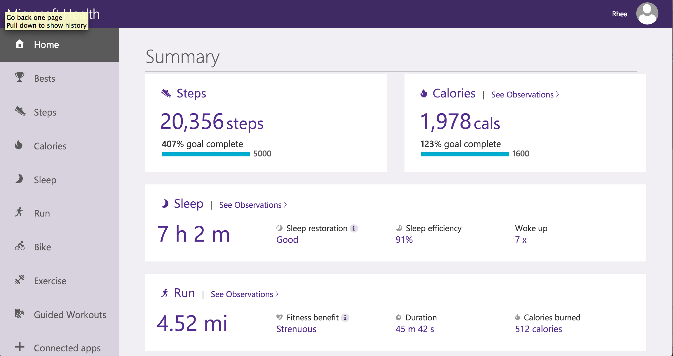 Health Dashboard screenshot
