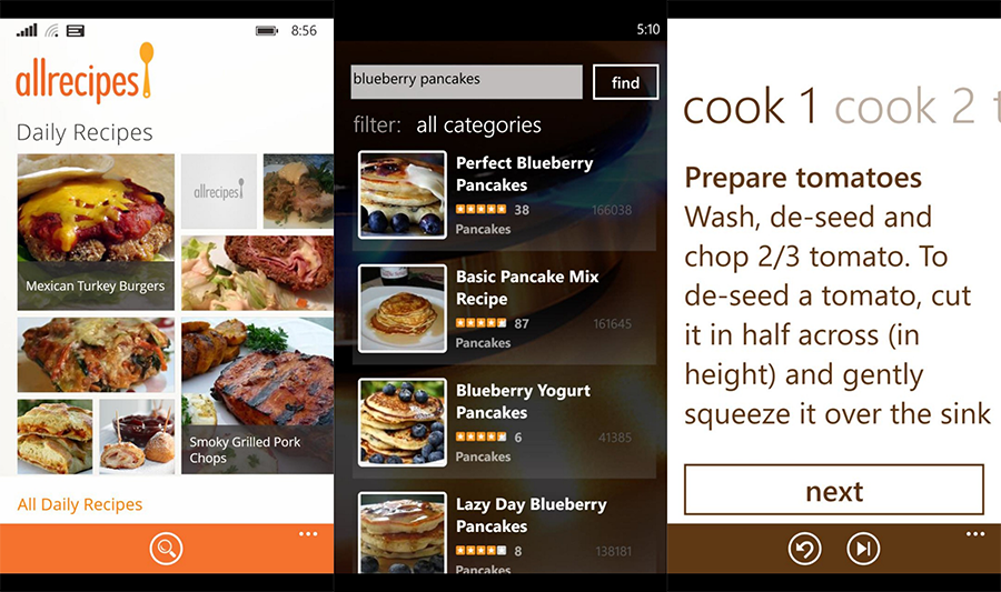Allrecipes (left), BigOven (middle), Cook with YumvY (right)