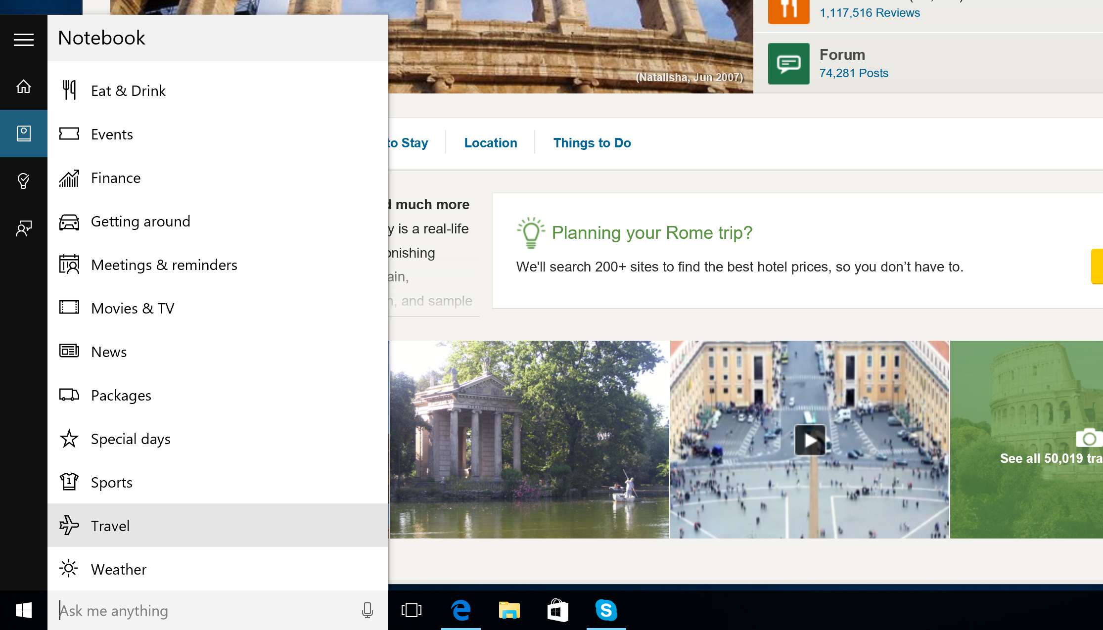 Screenshot of setting up Cortana for Travel options