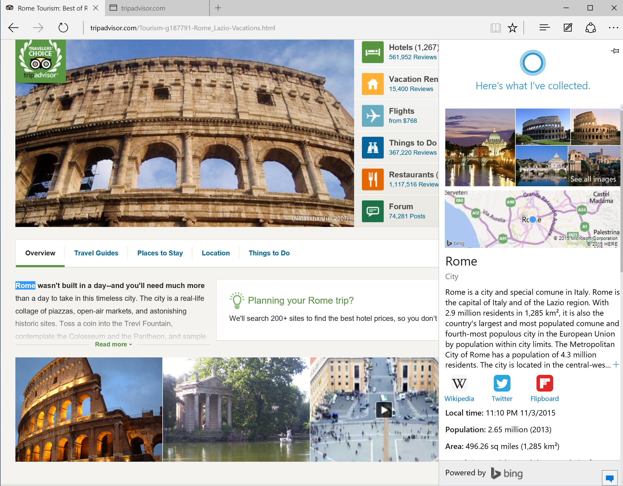 Screenshot of Cortana gathering information from highlighted text