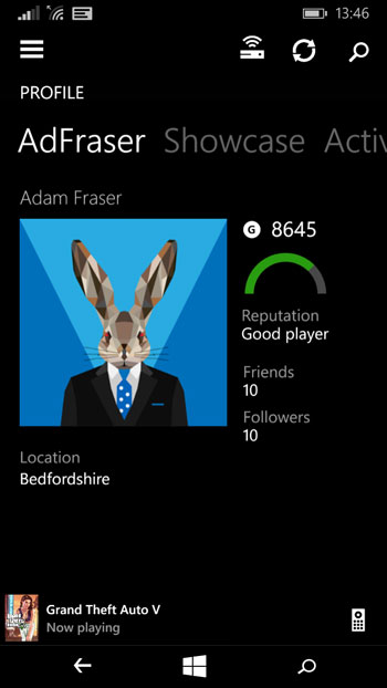 Xbox One SmartGlass app on Lumia showing gaming profile