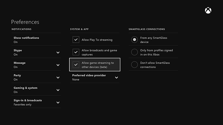 Screenshot of Xbox One preferences screen