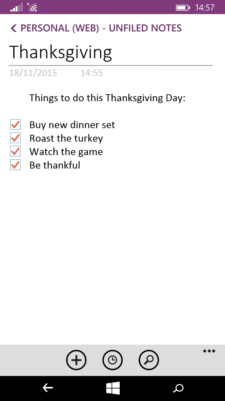 OneNote Thanksgiving list