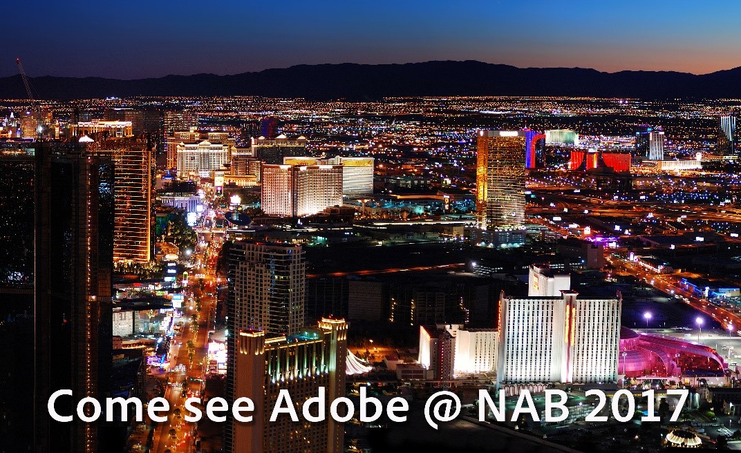 Las Vegas skyline with "Come see Adobe @NAB 2017" text over layed. 