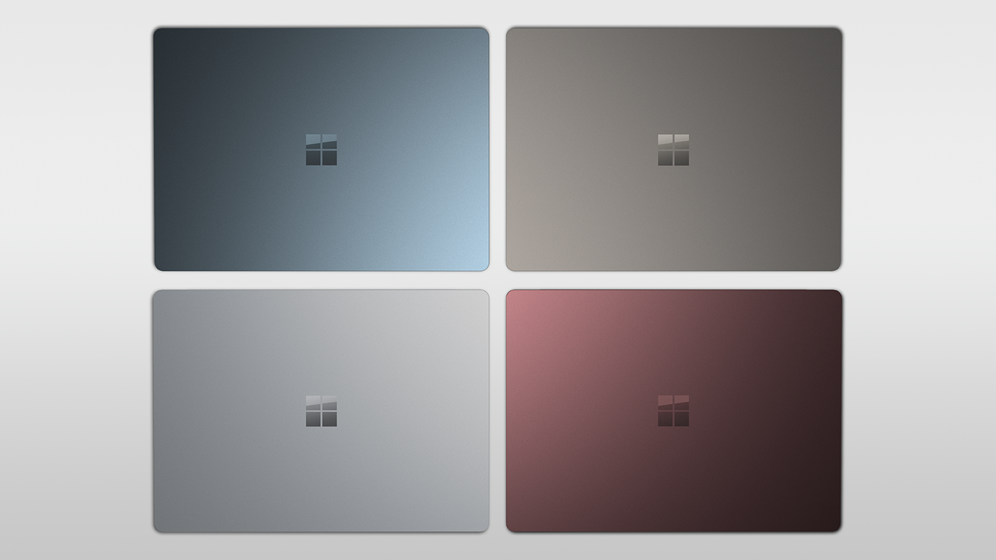 Microsoft Surface Laptop shown above closed in all four colors, Platinum, Graphite Gold, Cobalt Blue and Burgundy