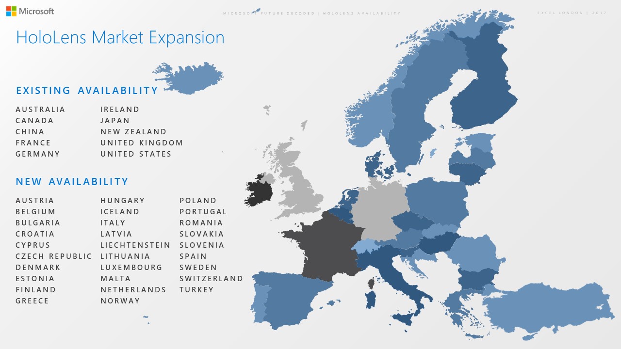 Map of new markets HoloLens is avaialble in