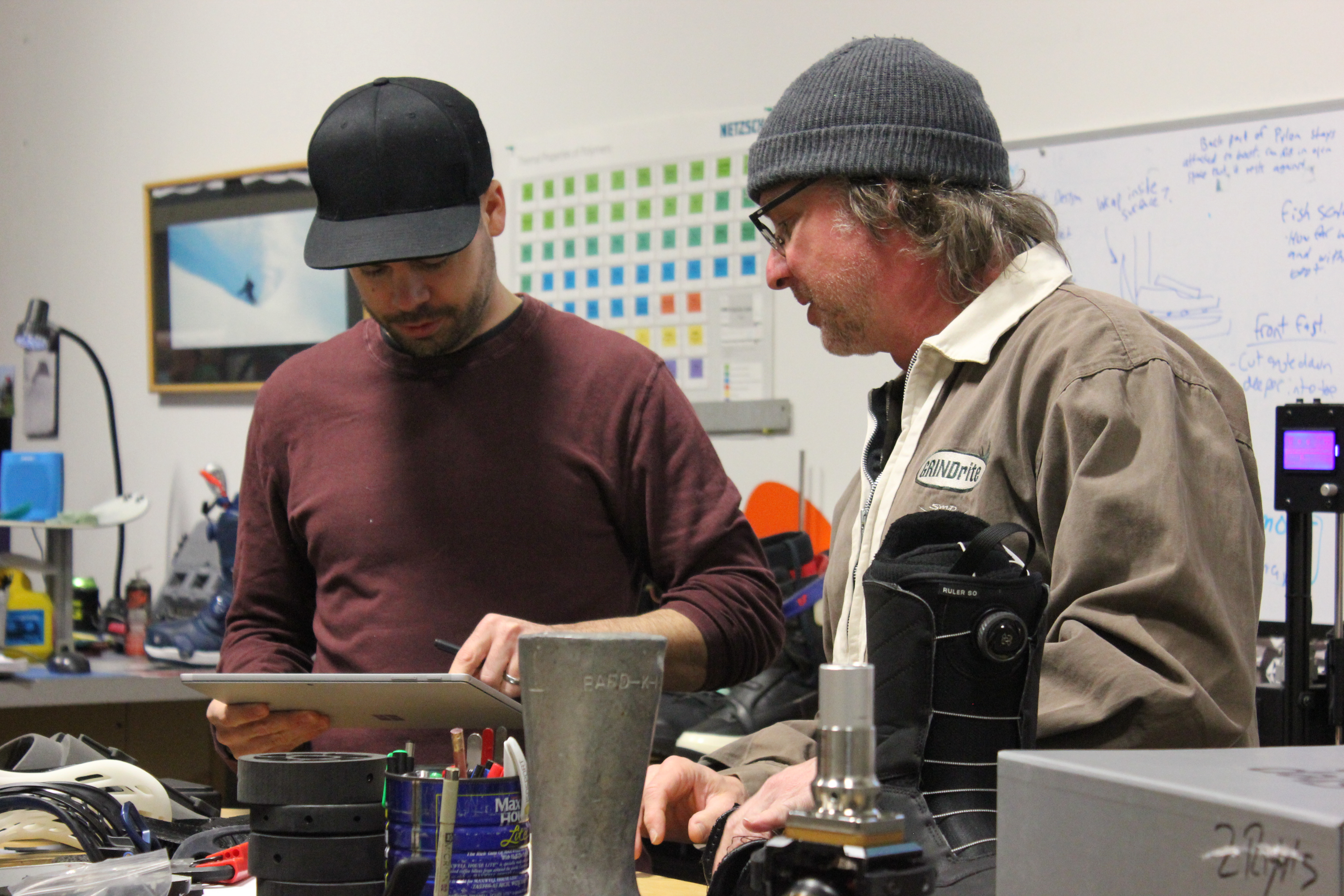 Chris Cunningham and Chris Doyle in Burton’s prototype lab.