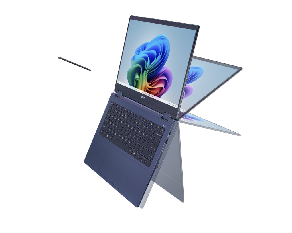 Floating laptop with stylus also floating in front of it, with display in various positions