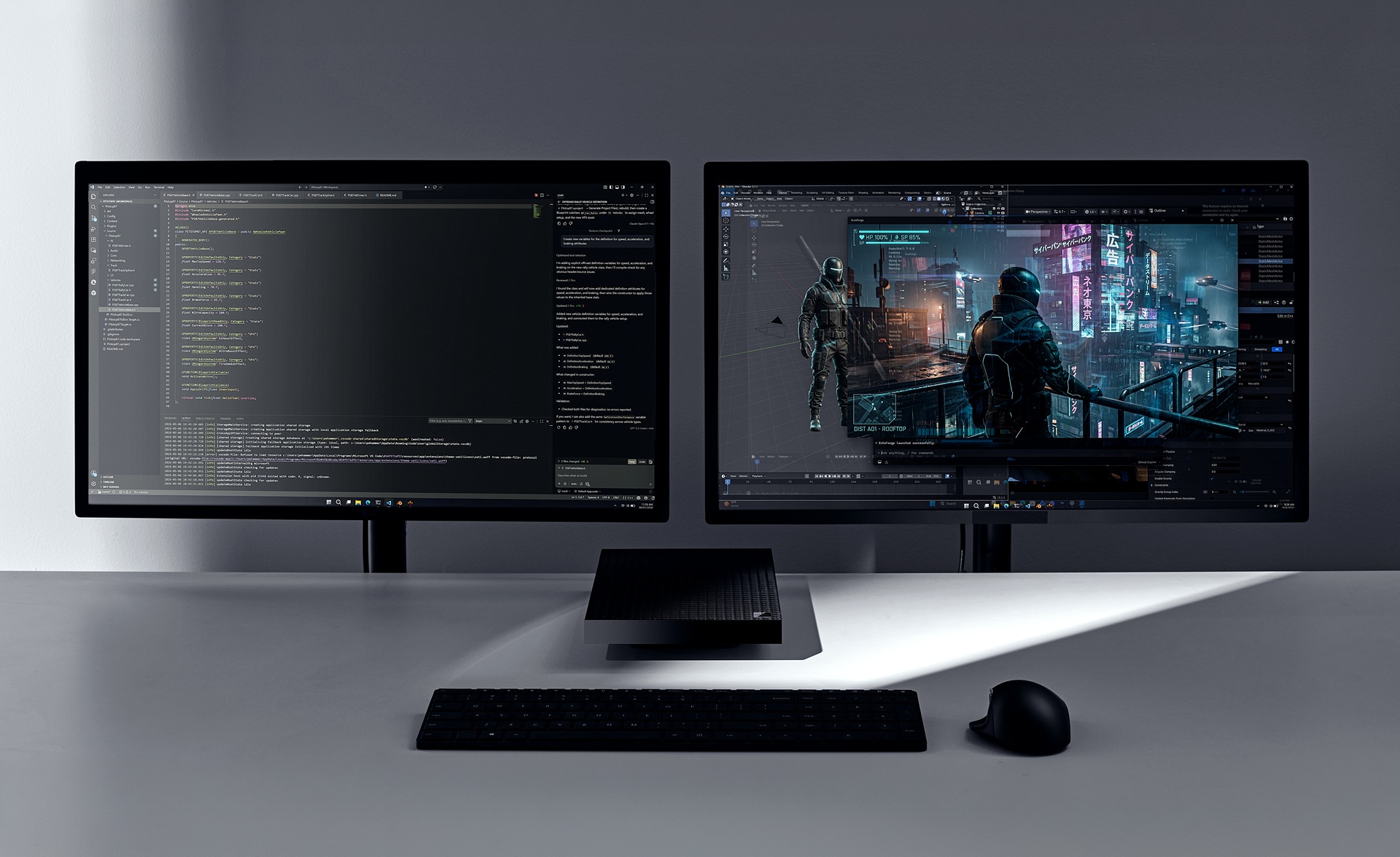 The Surface RTX Spark Dev Box, a small black box with a stepped aluminum design, sitting on a desk between two monitors.