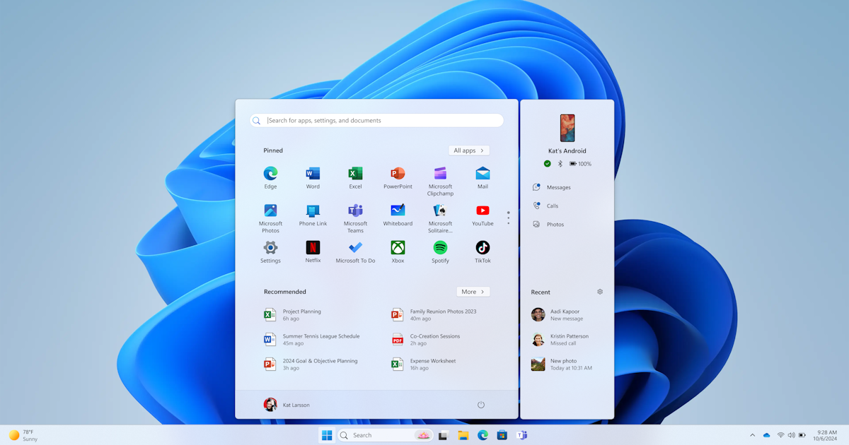 Windows Link Device Icon Previewing accessing Phone Link features from the Start menu with ...
